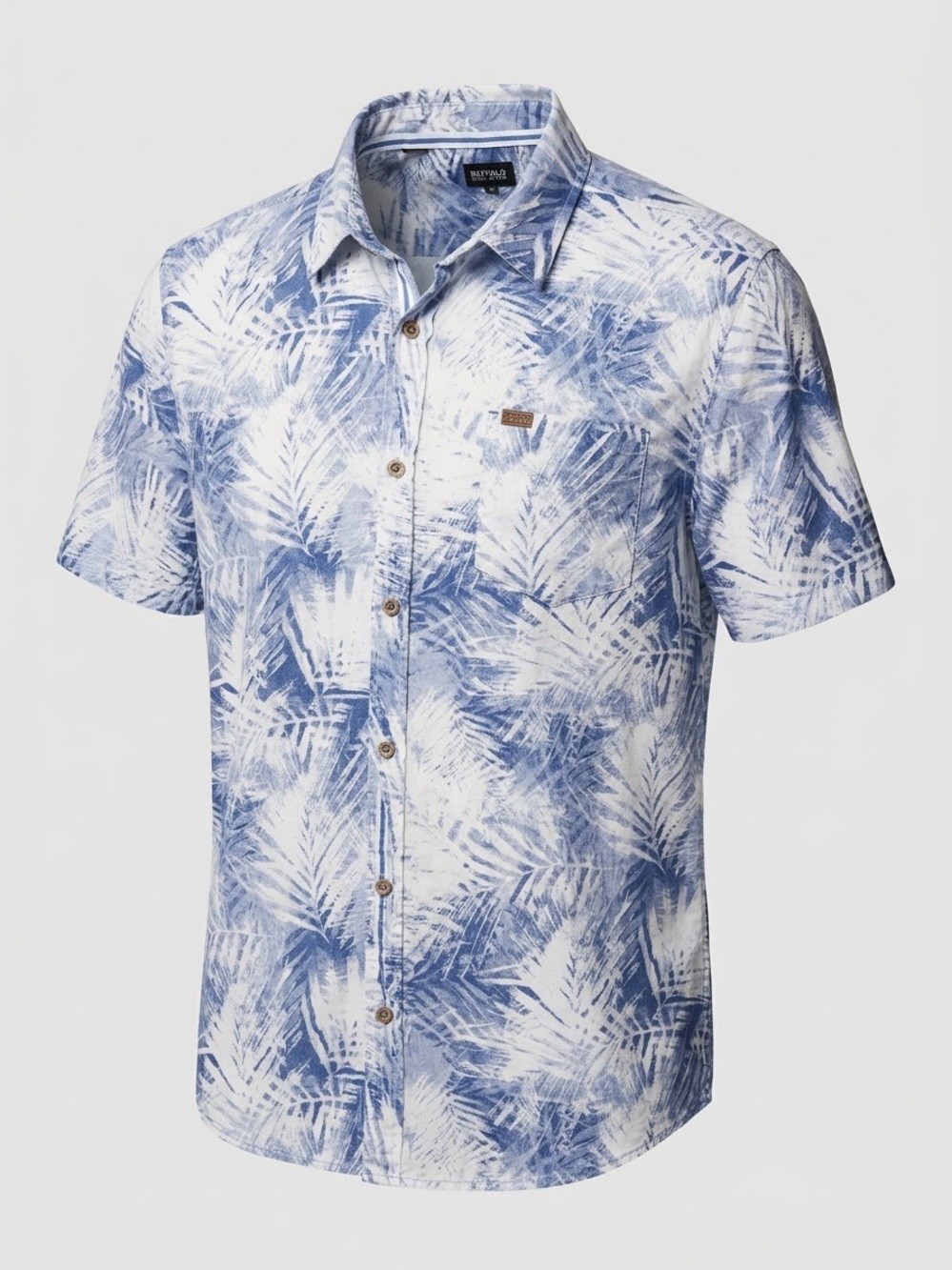 Buffalo David Bitton Blue and White Palm-Print Short Sleeve Button-Down